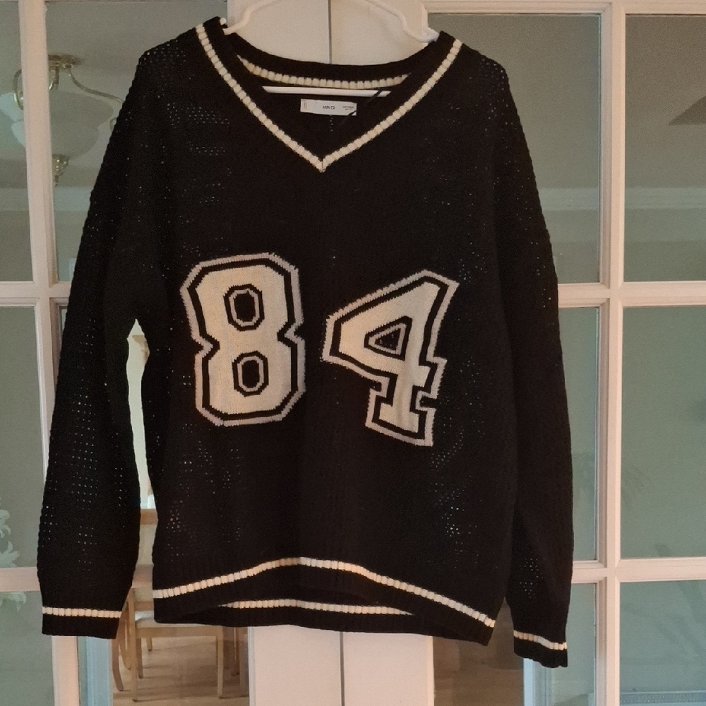 Mango Black V-Neck Sweater with White Accents